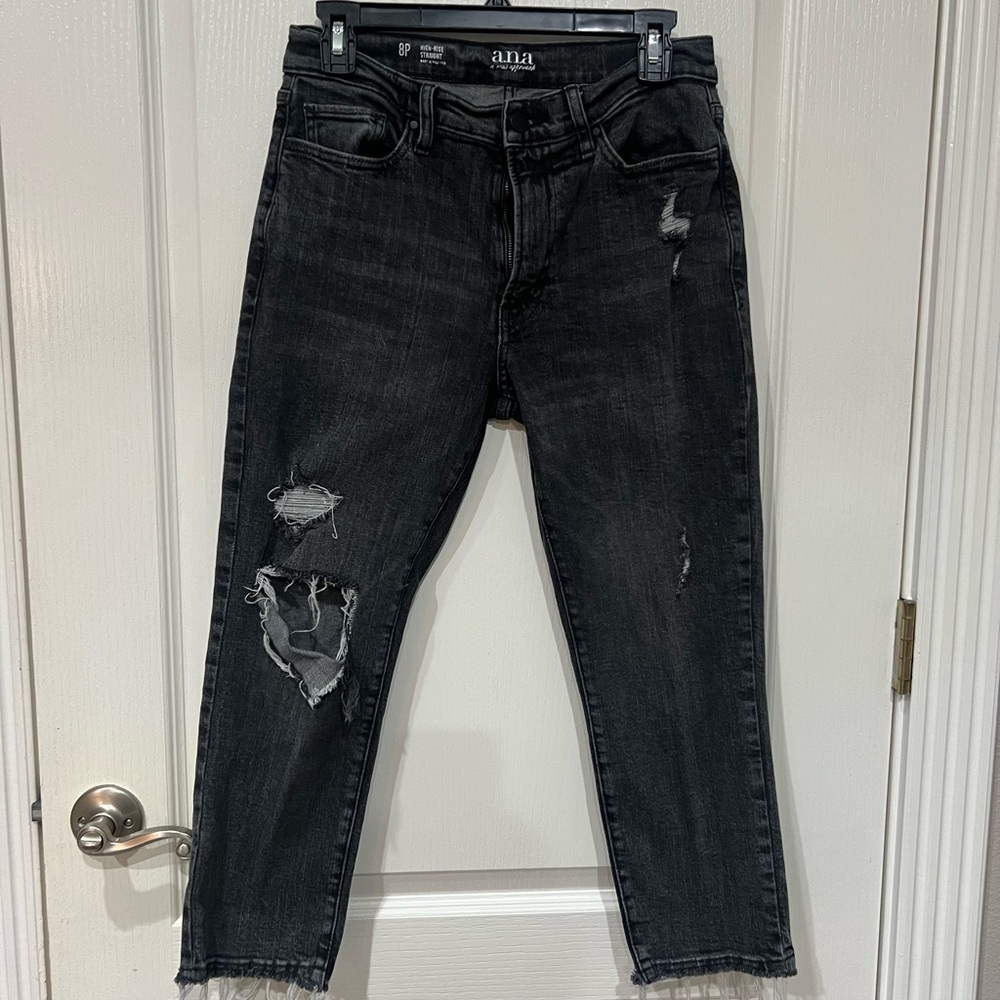 a.n.a Women’s Black Distressed High Rise Straight Leg Jeans
